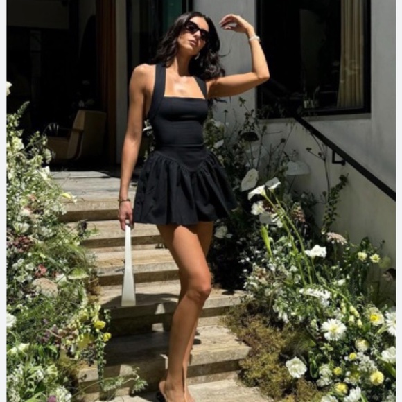 HELSA Faille Halter Mini Dress - Black Cotton - Picture 2 of 7